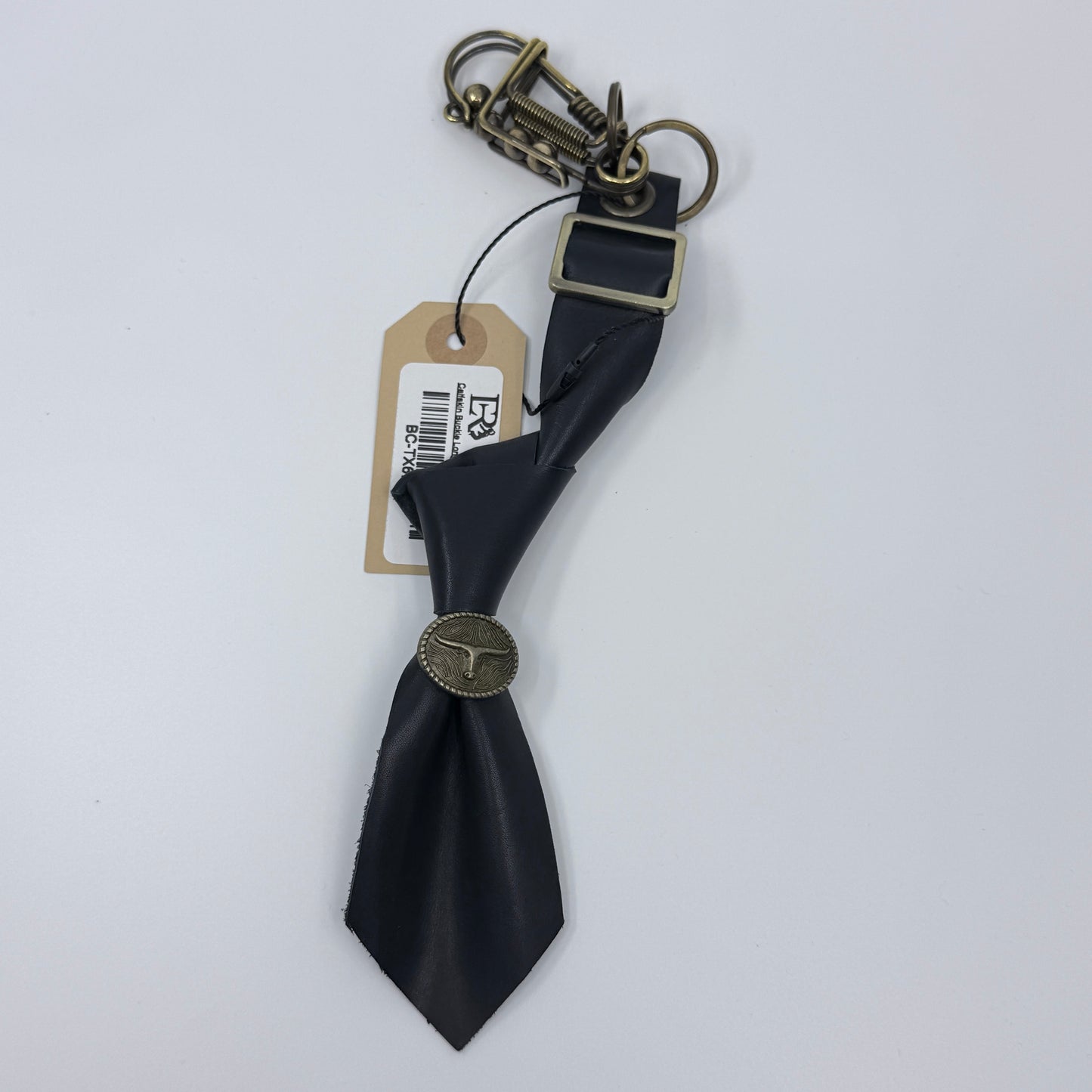 Navy Calfskin Necktie Bag Charm with Long Horn, Champagne Cold Buckle & Unique Clasp