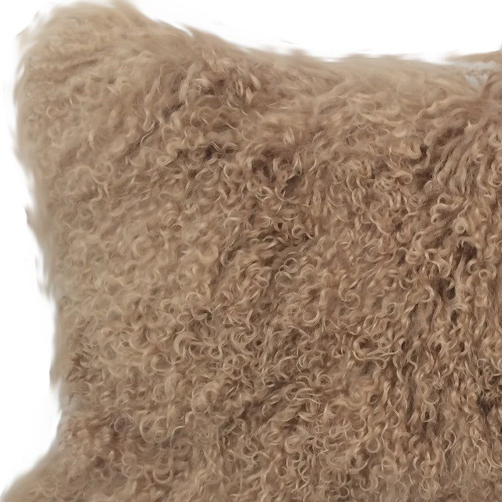 17" Beige Genuine Tibetan Lamb Fur Pillow With Microsuede Backing