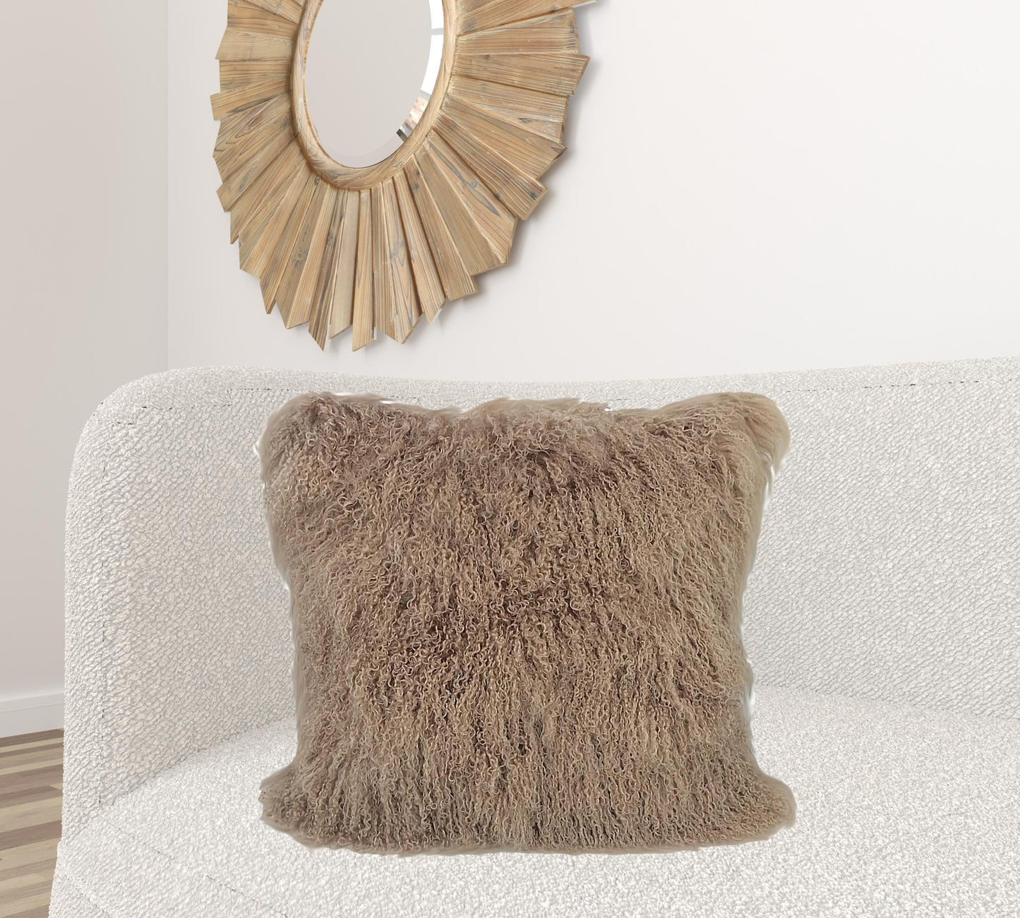 24" Beige Genuine Tibetan Lamb Fur Pillow With Microsuede Backing