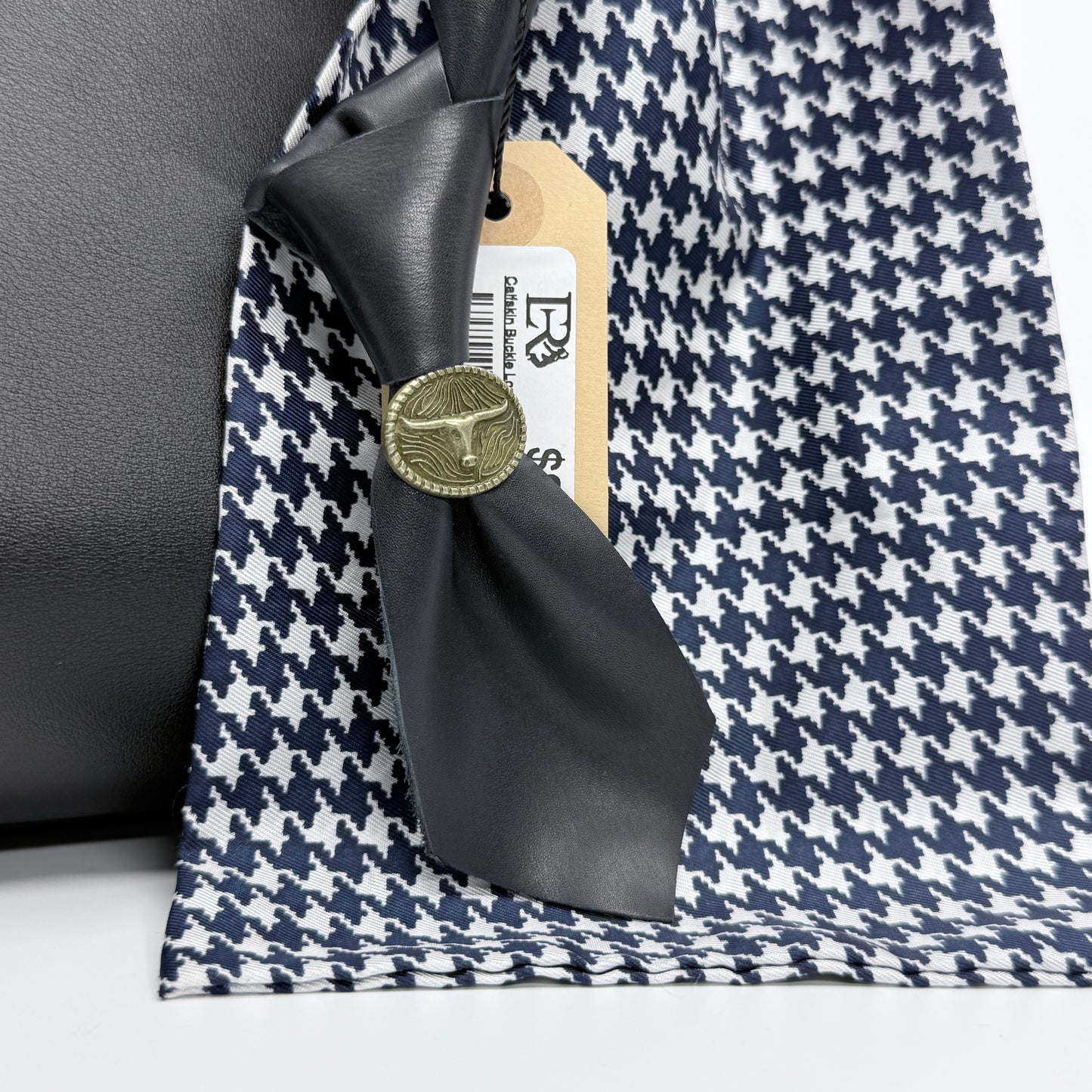 Navy Calfskin Necktie Bag Charm with Long Horn, Champagne Cold Buckle & Unique Clasp