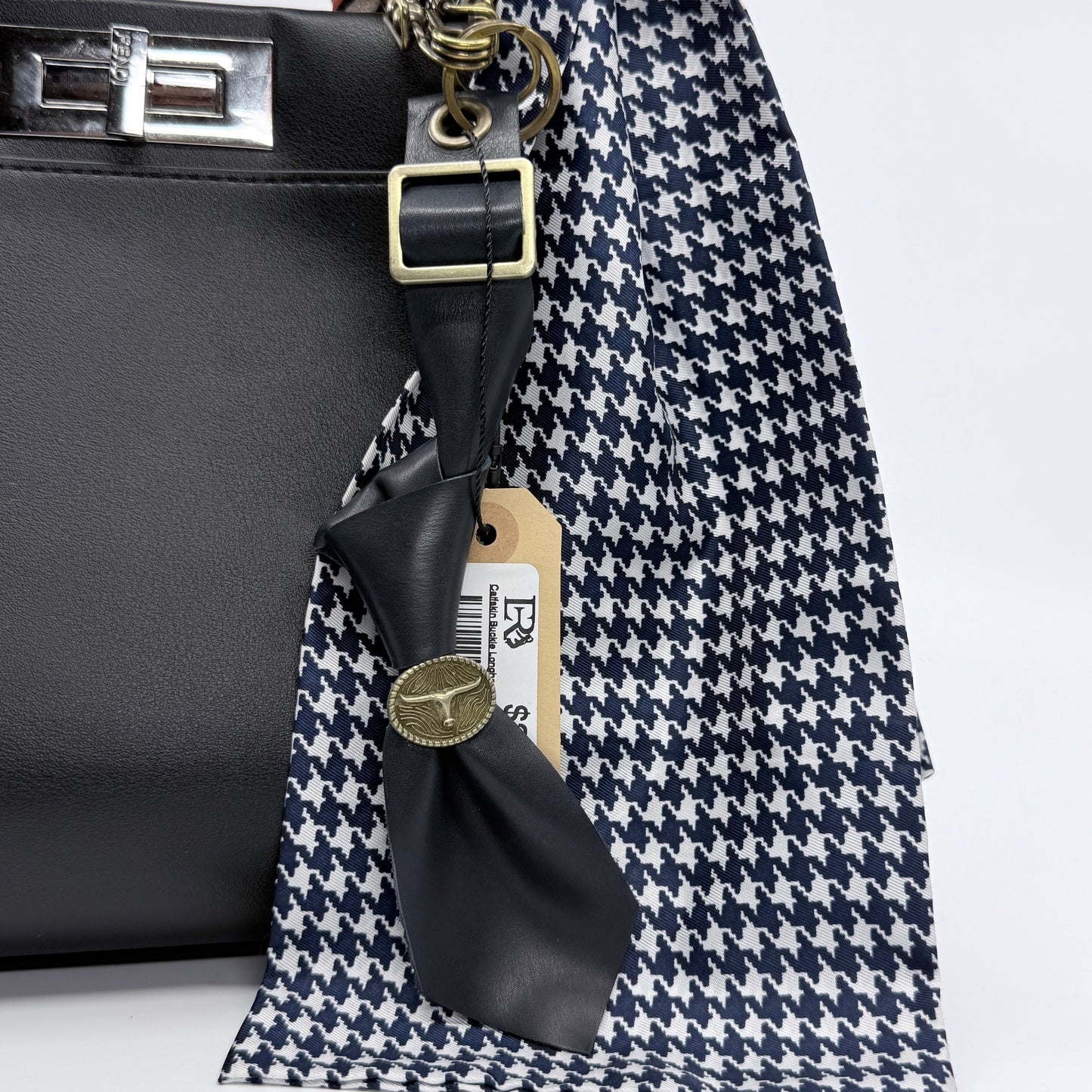 Navy Calfskin Necktie Bag Charm with Long Horn, Champagne Cold Buckle & Unique Clasp