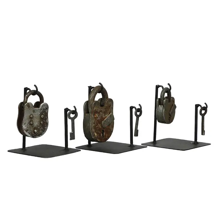 Who holds Your Key?  Vintage Lock & Keys on Stand (Set of 3)